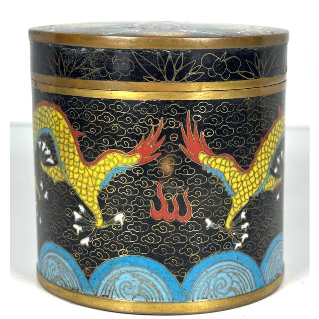 19th Century Antique Chinese Cloisonne Tea Caddy: Dragon & Flaming Pearl Design For Sale - Image 5 of 10