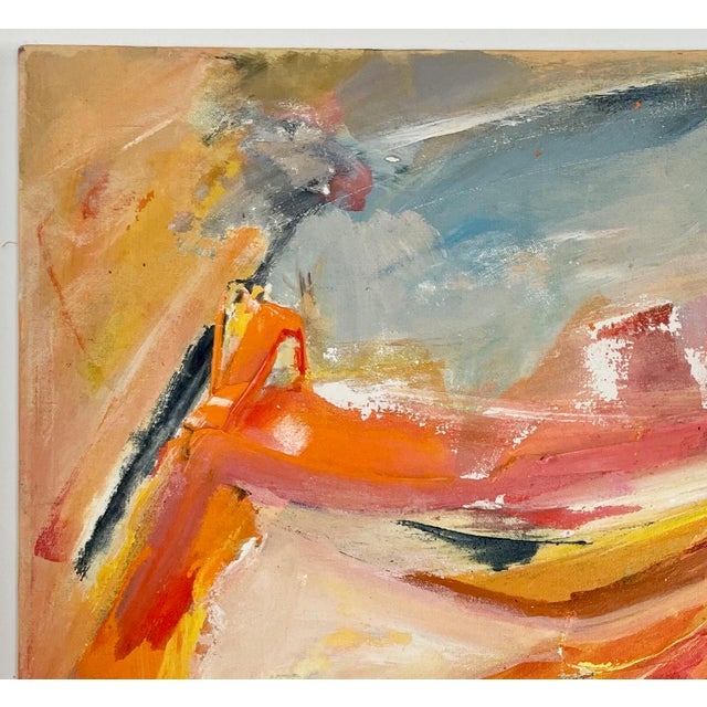 A bright, fresh abstract made up of energetic strokes, this fantastic painting is in many hues of oranges, yellows, grays,...