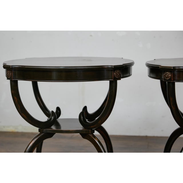 Wood English Midcentury Period Dark Lacquered Side Tables with Neoclassical Accents For Sale - Image 7 of 12