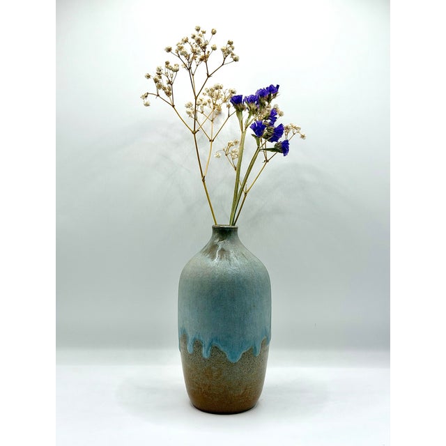 Mid-Century Modern Vintage Artist Signed Studio Pottery Bud Vase, Blue Drip Glaze Ceramic Vase For Sale - Image 3 of 5