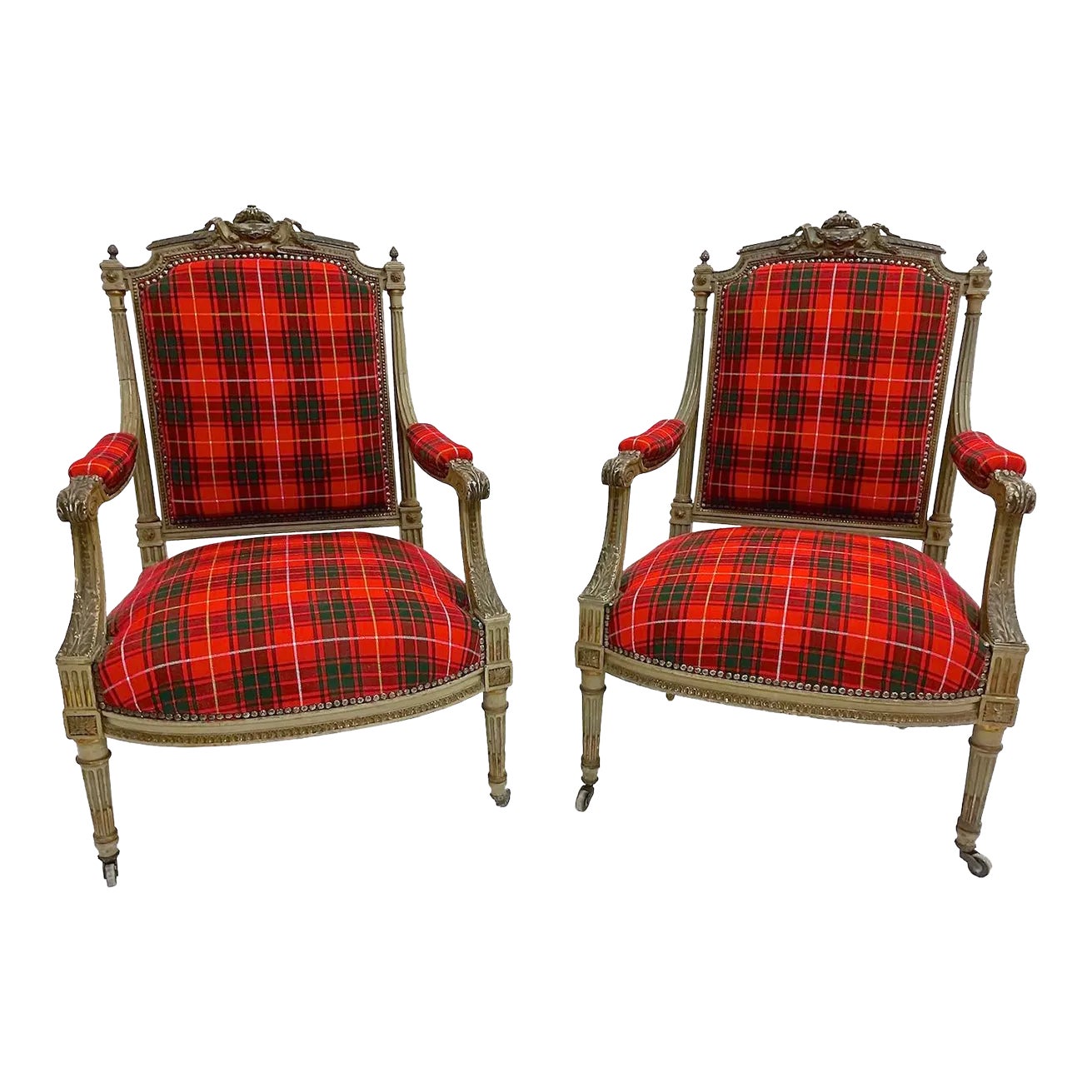 Pair of Antique Carved Red Tartan Armchairs Chairish