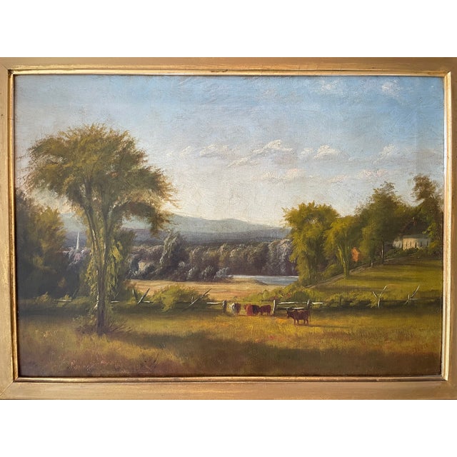Fabulous Antique Pastoral Landscape Oil Painting on Canvas. Depicts a Beautiful Fall Scene with Sheep, Cows a Fence and a...