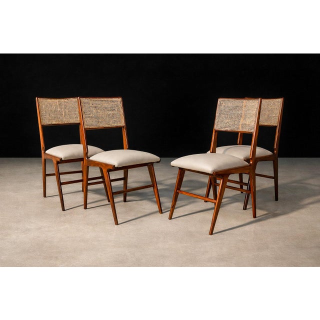Carlo Hauner Set of 4 Chairs in Wood, Caning & Leather, Carlo Hauner, 1960s For Sale - Image 4 of 9