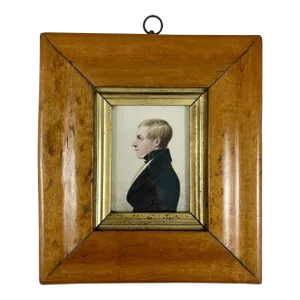 English Regency Period Original Watercolor Fruitwood Frame Portrait of a Young Man