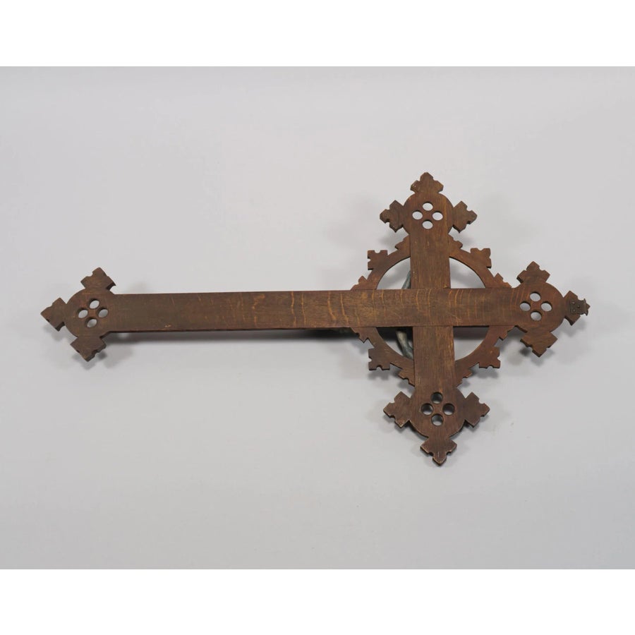 Antique Neo-Gothic Carved Oak Crucifix with Bronzed Spelter Corpus