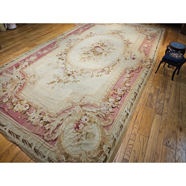 Antique French Aubusson Rug, Handwoven Wool, Floral Pattern, Ivory & Pale Green, 12' X 18' For Sale - Image 4 of 17