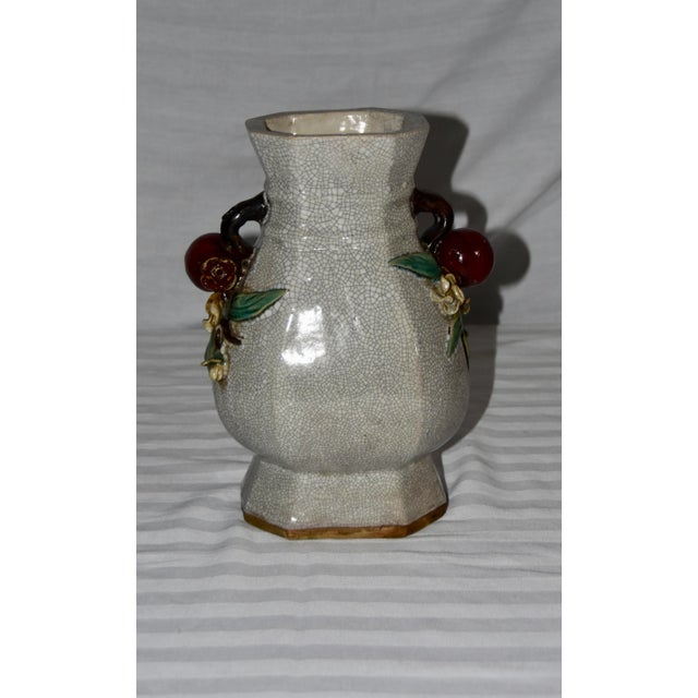 Chinese Majolica Chinese Crackle Ceramic Stoneware Vase With Pomegranates Handles For Sale - Image 3 of 13