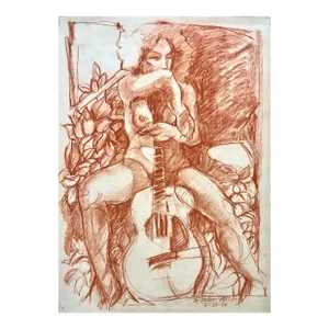 1978 "Woman With Guitar" Original Expressionist Figurative Female Drawing by William Woodruff