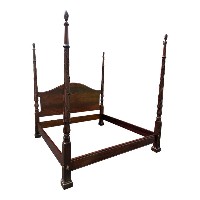Henkel Harris Vine Carved Flame Mahogany Hand Carved 4 Post King Bed Frame For Sale