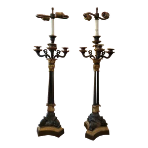 Pair Antique Regency Gilt Patinated Bronze Candelabra Lamps