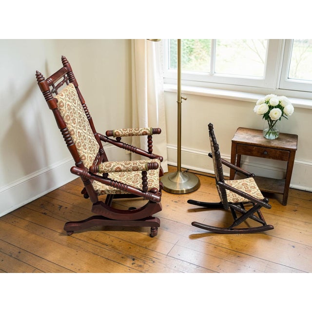 Antique Victorian Mother Child Rocking Chair Set-Spindle Wood-Pair-Nursery-Farm For Sale - Image 9 of 11