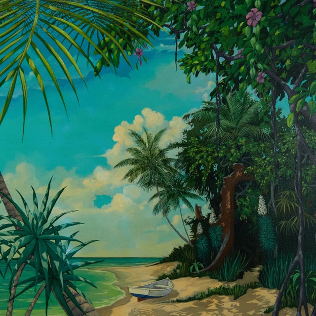 Striking tropical acrylic painting on canvas of a beach with palm trees, flowers, sand and sky sprayed with sunlight and...