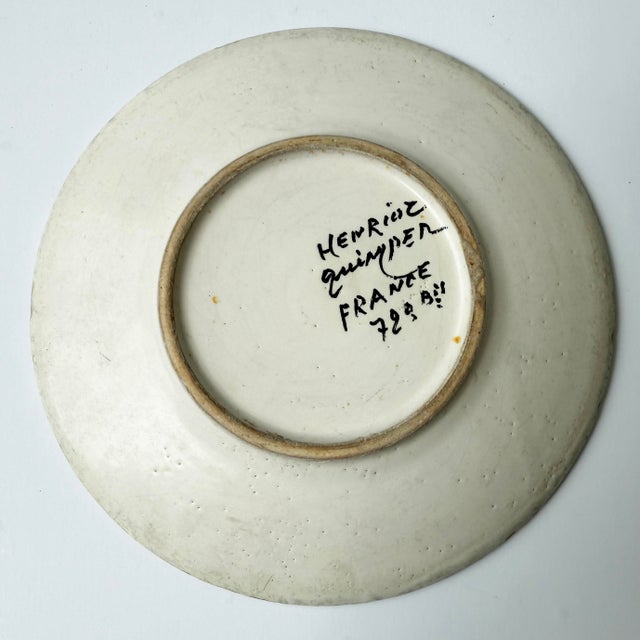 French Antique French Henriot Quimper Hand Painted Plate With Flower For Sale - Image 3 of 3