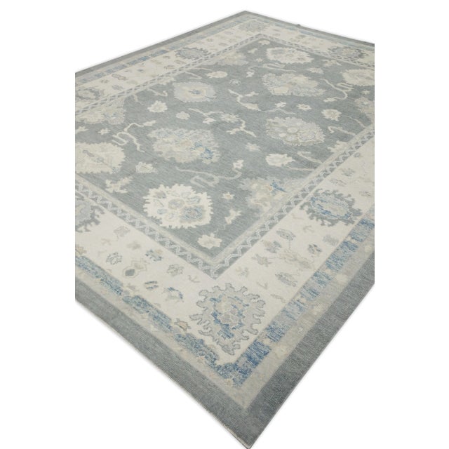 Early 21st Century Early 21st Century Gray Floral Design Handwoven Wool Turkish Oushak Rug 9'1" X 11'9" For Sale - Image 5 of 8