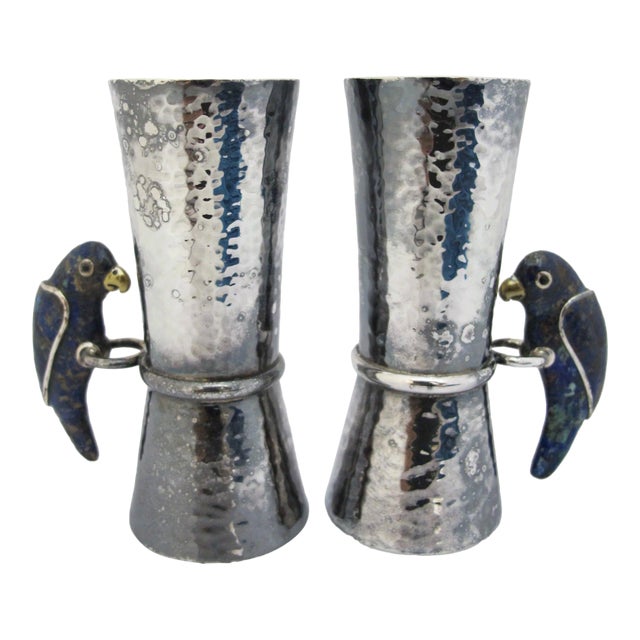 Los Castillo Taxco Mexico Silver Lapis Lazuli Parrot Double Jigger Shot Pair For Sale