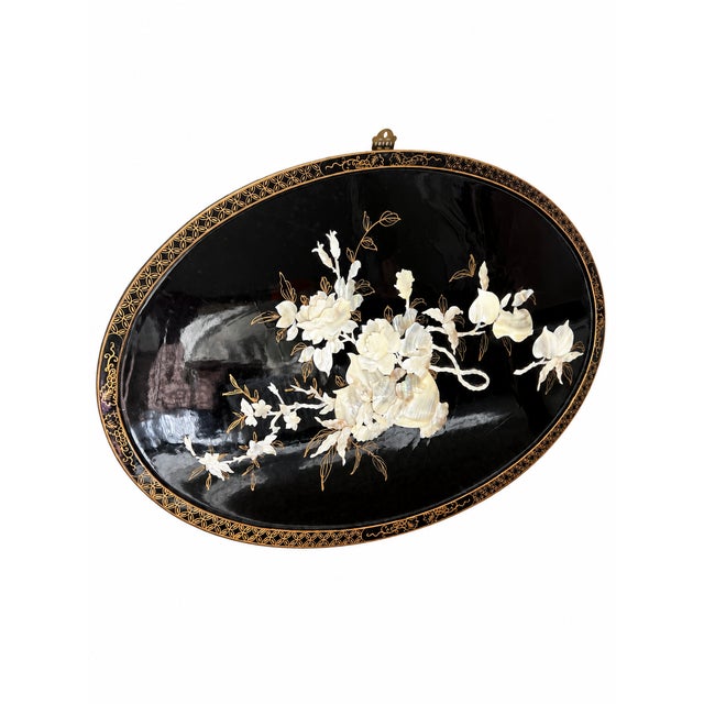 Late 20th Century Late 20th Century Chinoiserie Black Lacquer & Mother-of-Pearl Relief Wall Panels — Set of 3 For Sale - Image 5 of 17