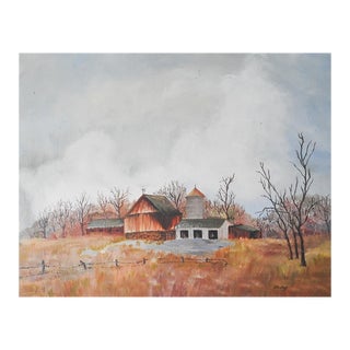 Vintage Rustic Farmhouse Landscape Painting For Sale