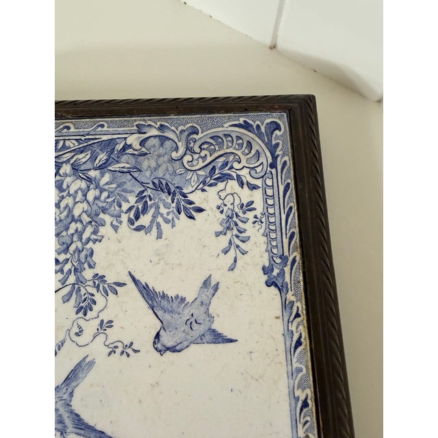 Vintage French Blue & White Faience Tile Trivet in Carved Wood Frame For Sale - Image 9 of 12