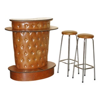 Mid-Century Modern Clad Home Cocktail Bar and Stools, Set of 3 For Sale