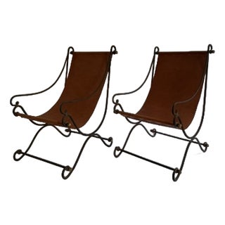 Mid 20th Century Pair of David Hicks Style Wrought Iron and Leather Sling Chairs For Sale