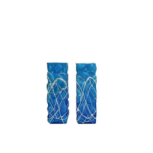 Hand-Blown Blue Art Glass Vases with White Trailing, 1980s, Set of 2 For Sale - Image 11 of 11