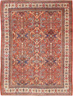 Large Geometric Antique Persian Mahal-Sultanabad Colorful Rug in Soft Rust Red