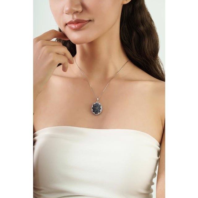 Art Deco Baguette Cut Blue Sapphire & Diamond Mosaic Statement Pendant | 3.45 TCW For Sale - Image 6 of 13