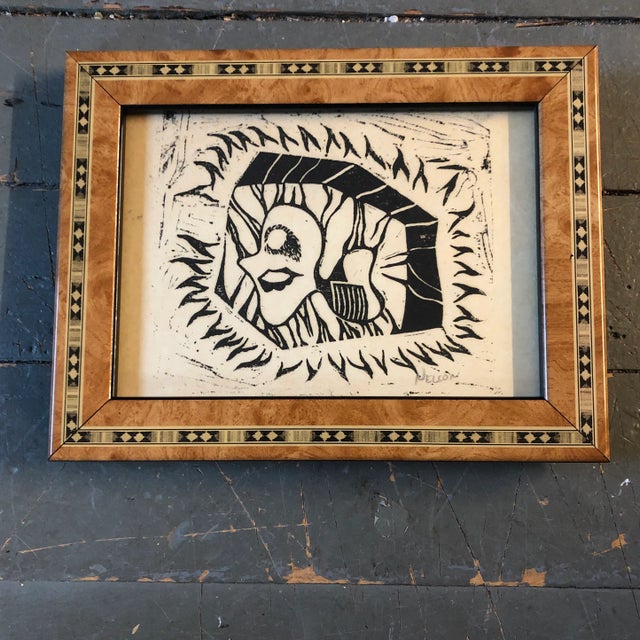 1950s Original Vintage Ralph Nelson Small Wood Block Mid Century Modern Print Signed Vintage Frame For Sale - Image 5 of 5