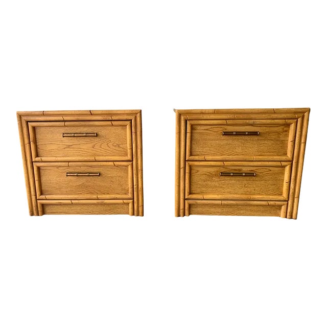 Late 20th Century Boho Chic Lea Faux Bamboo & Rattan 2 Drawers Nightstands - a Pair For Sale