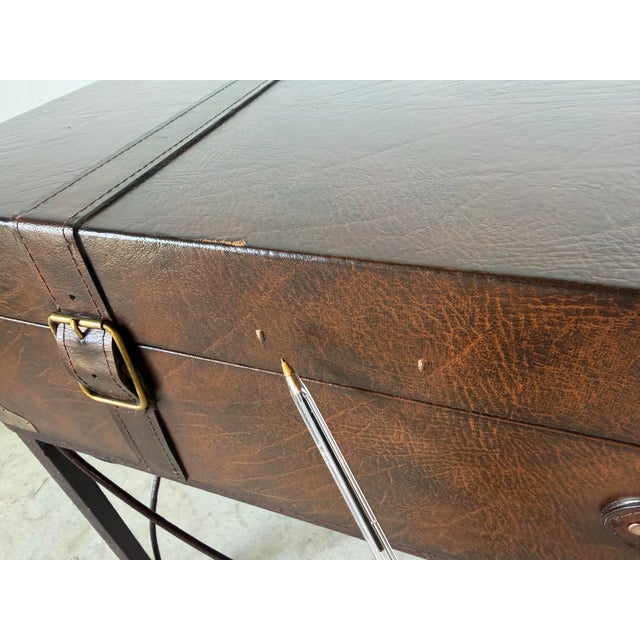 1980s Vintage Ralph Lauren Style Leather Suitcase Console Table With Brass Accents & Metal Base For Sale - Image 10 of 17