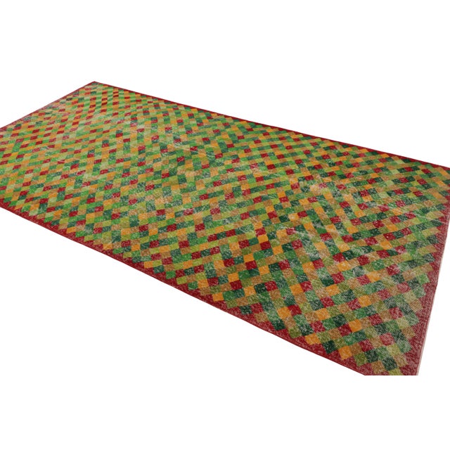 Rug & Kilim 1960s Vintage Art Deco Rug in Green, Yellow, Red Distressed Geometric Pattern For Sale - Image 4 of 7