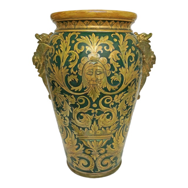 Large Late 20th Century Robbia Gualdo Tadino Italy Luster Pottery Dragon Handles Entryway Vase For Sale