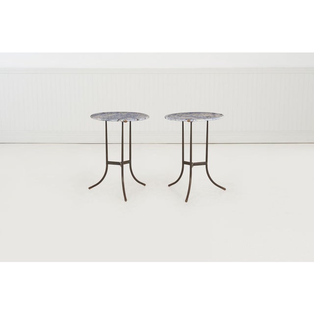 Pair of Cedric Hartman Bronze & Blue Bahia Granite Side Tables, circa 1970s Exceptional pair of small tables by Cedric...