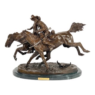 Late 20th Century Frederic Remington “The Wounded Bunkie” Bronze Western Sculpture on Marble Base For Sale