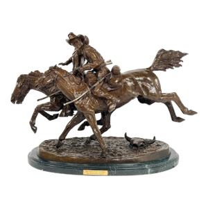 Late 20th Century Frederic Remington “The Wounded Bunkie” Bronze Western Sculpture on Marble Base