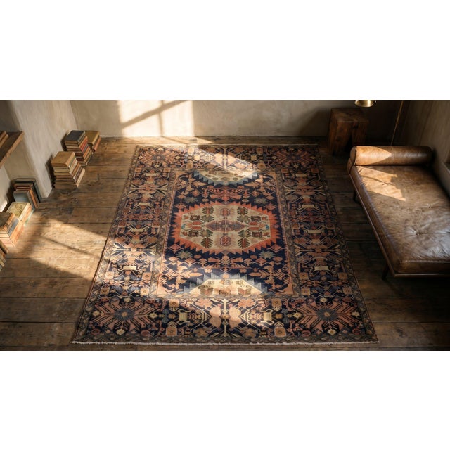 1880s Blue Navy Geometric Tribal Antique Persian Farahan Rug 4'2" X 6'3" Handknotted Wool Carpet For Sale - Image 9 of 9