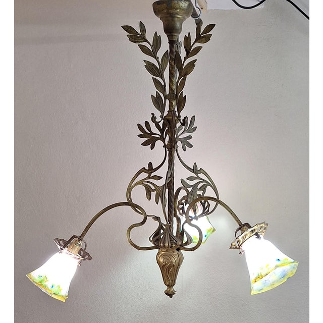 Art Nouveau Chandelier with Decorated Brass Frame and Three Original Colored Glass Shades, 1890s For Sale - Image 3 of 18