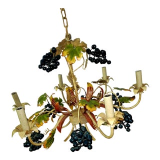 Vintage Late 20th Century Toleware With Grapes 5-Arm Chandelier For Sale