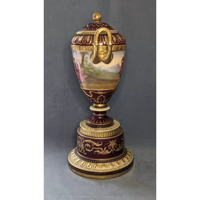 19thc Austrian Antique Royal Vienna Hand Painted Romantic Scene - 2 Handled 13.5" Porcelain Vase For Sale - Image 4 of 12