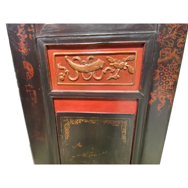 Large Antique Chinoiserie Lacquer Wood Panel With Mirror 78.5" H For Sale - Image 9 of 12
