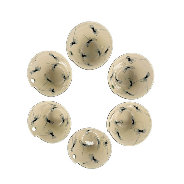 Celadon Asian Modern Bat Trang Vietnamese Ramen/Pho/ Rice Bowls With Hand Painted Dragonflies Celadon Carved Accents and Chopstick Rests - Set of 6 For Sale - Image 8 of 9