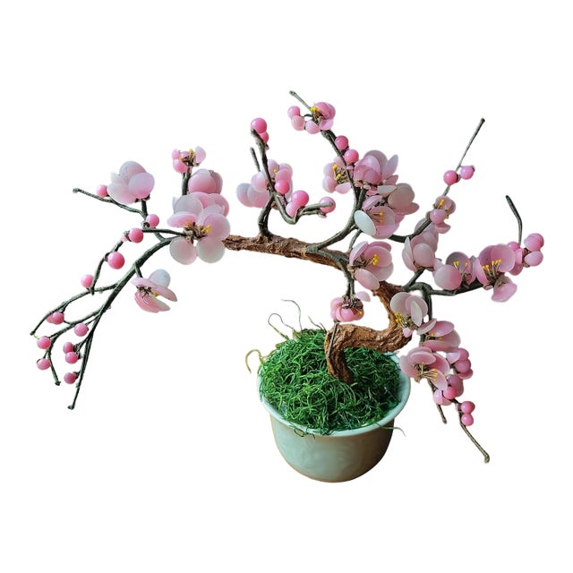 VTG Glass Pink Cherry Blossom Flowers Leaves Bonsai Tree 12" Tall 4.5" Round MCM For Sale