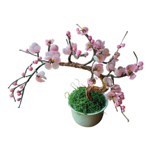 VTG Glass Pink Cherry Blossom Flowers Leaves Bonsai Tree 12" Tall 4.5" Round MCM