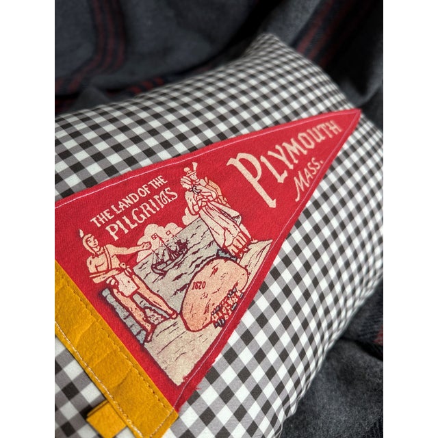 Description: Vintage Plymouth, Massachusetts Felt Pennant from around the 1960s or earlier. New black and white gingham...