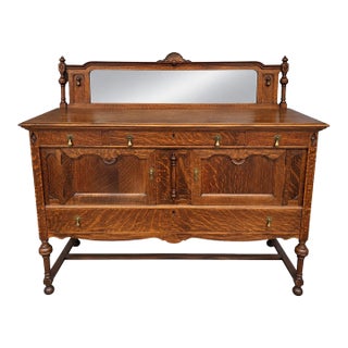 Early 20th Century J.B. Van Sciver Co. Refinished Antique Oak Sideboard With Mirrored Gallery & Turned Legs For Sale
