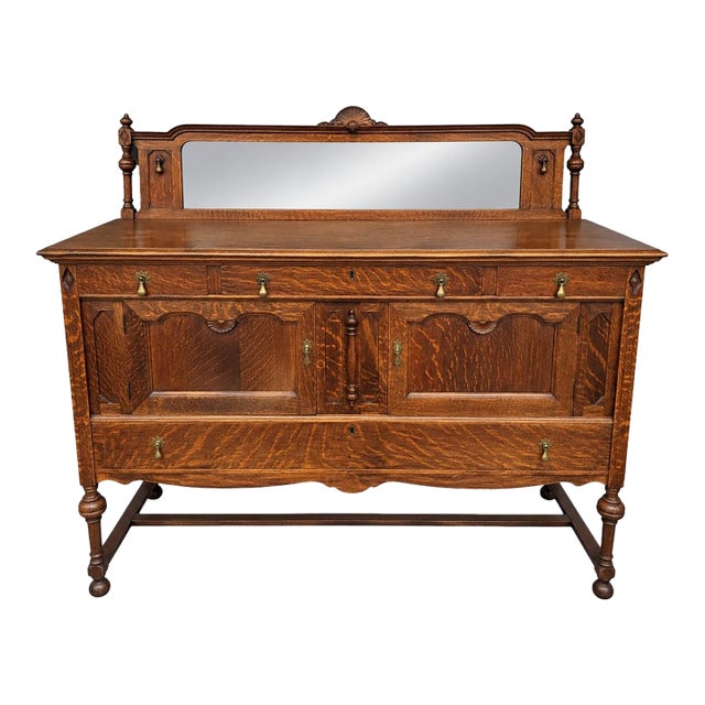 Early 20th Century J.B. Van Sciver Co. Refinished Antique Oak Sideboard With Mirrored Gallery & Turned Legs For Sale