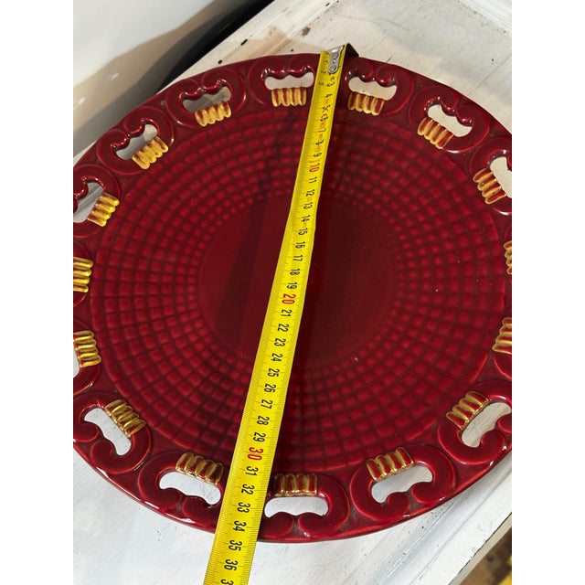 Ceramic Large Model No. 4162 Openwork Platter in Ruby ​​Red Glazed Earthenware with Gilt Highlights Blanche Letalle for Saint-Clément, 1950s For Sale - Image 7 of 9