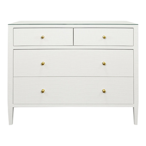 Matthew Izzo Home Michelle Textured White Linen Four Drawer Chest With Glass Top and Brass Knobs