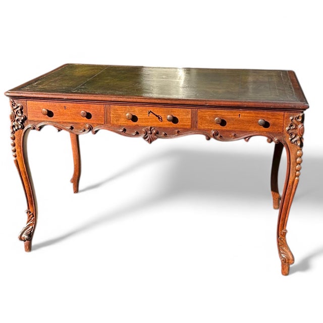 French Louis XV Style Carved Walnut Partners Desk With Leather Top. For Sale - Image 14 of 16