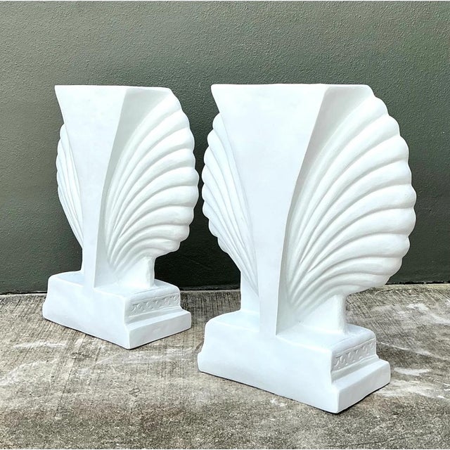 White Vintage Cast Fiber Concrete Clam Shall Table Pedestals - Set of 2 For Sale - Image 8 of 12